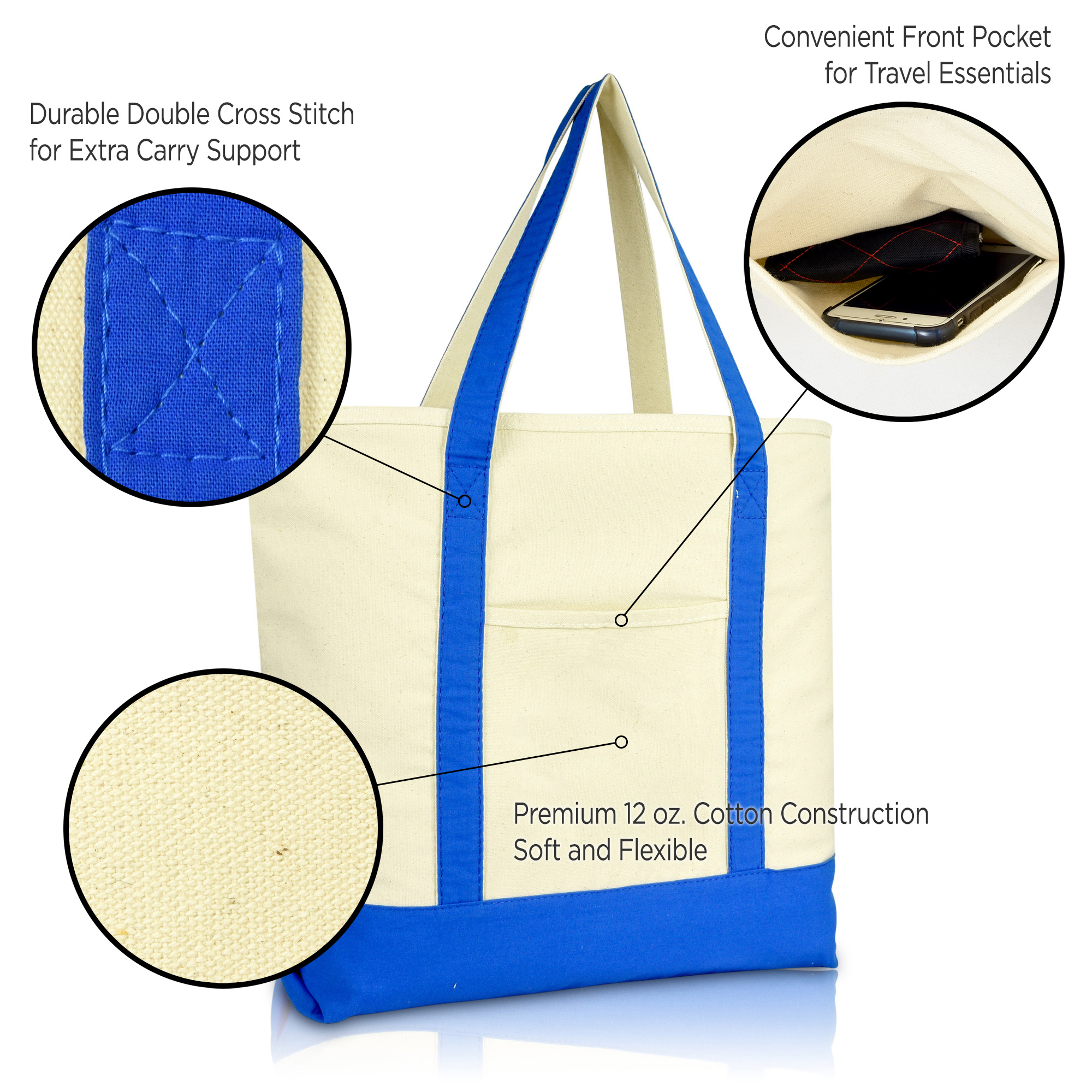 DALIX 22" Extra Large Cotton Canvas Zippered Shopping Tote Grocery Bag in Royal Blue - image 3 of 6
