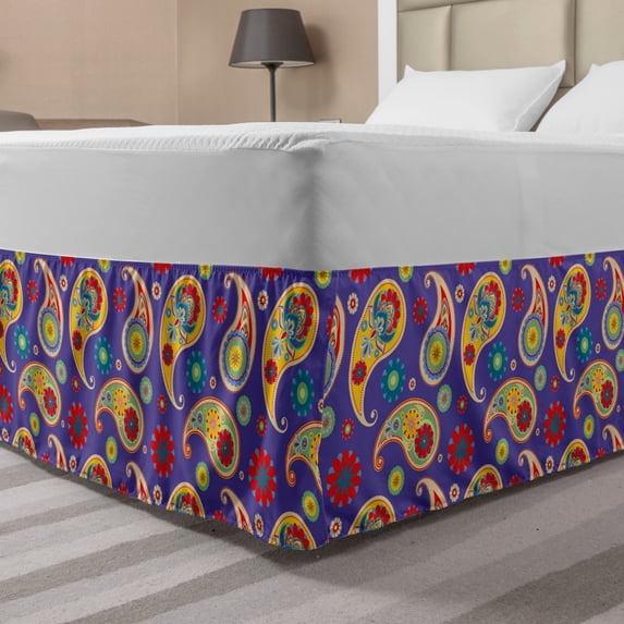 Paisley Bed Skirt, Floral Ornamentals Repetitive Eastern Buta Pattern, Elastic Bedskirt Dust Ruffle Wrap Around for Bedding Decor, 4 Sizes, Blue Violet Multicolor, by Ambesonne