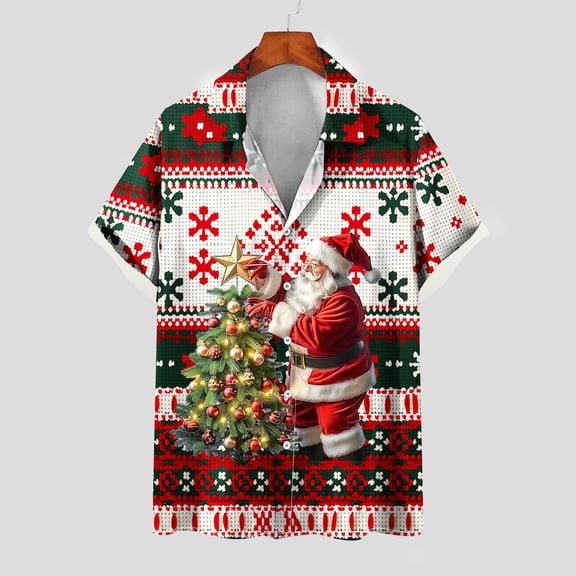 KeShDi Sweatshirts for Men Christmas Men's Christmas Printing Button Casual Short Sleeve Turndown Collar Blouse Shirt Multicolor 5X
