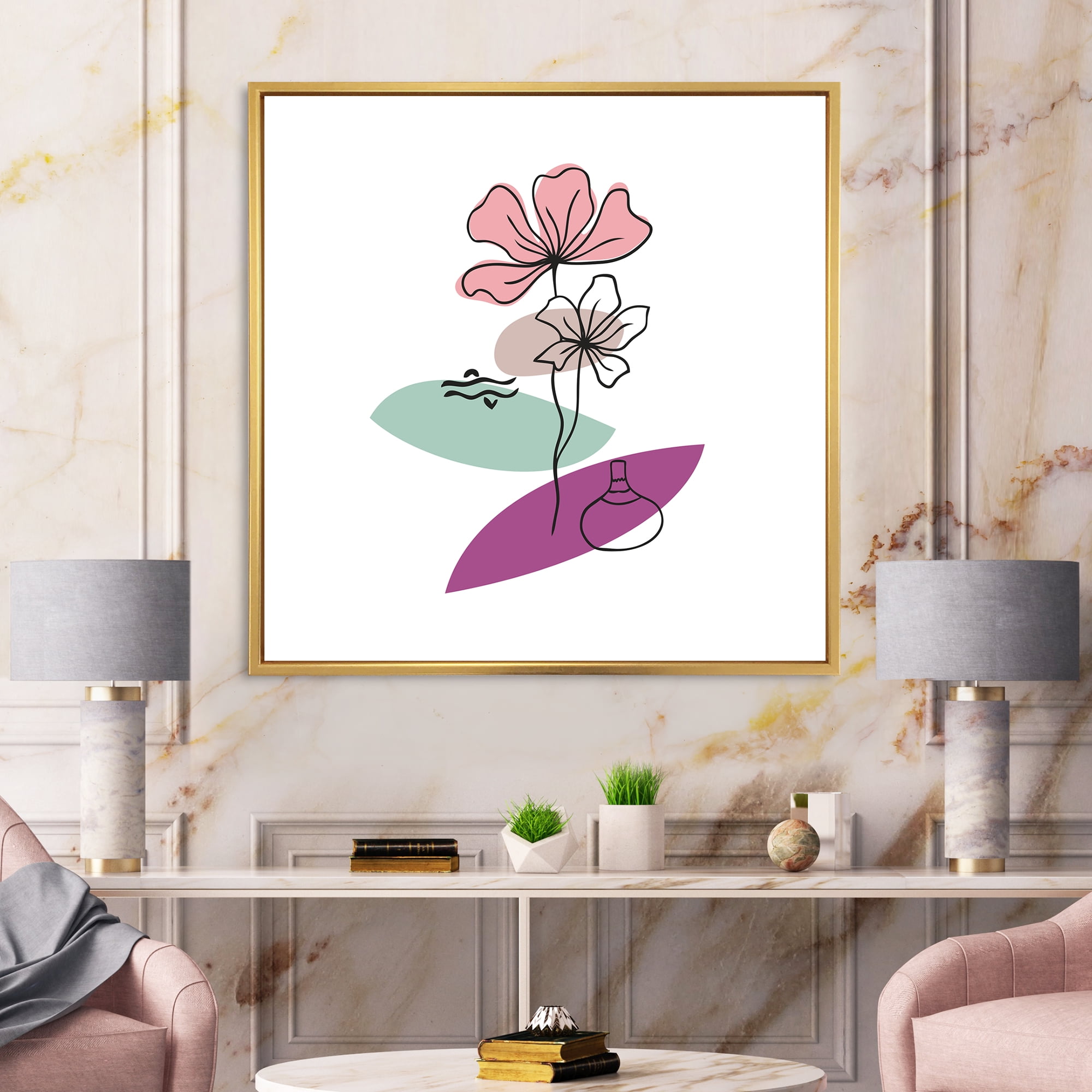 Designart 'Abstract Flowers Plants With Elementary Shapes IV' Modern Framed Canvas Wall Art Print