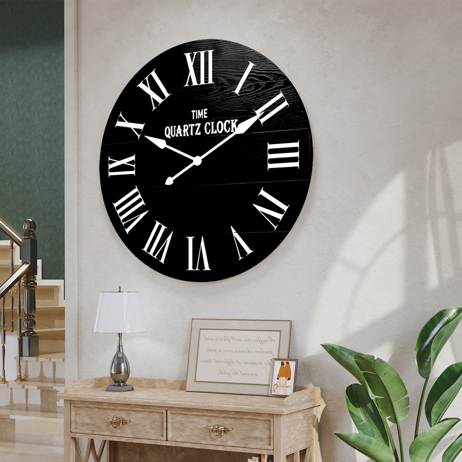 HLR 35.5” Farmhouse Large Shiplap Round Wall Clock with Roman Numeral for Living Room Decor, Black