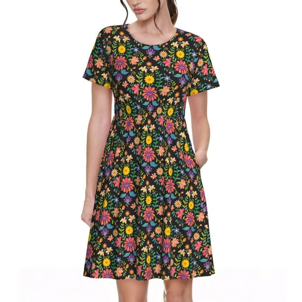Fotbe Mexican Folk Art Floral Vestido Largo de Moda para Mujer, Vestido Tipo Camiseta con Manga Corta y Estilo Casual a Rayas y Bloques de Color