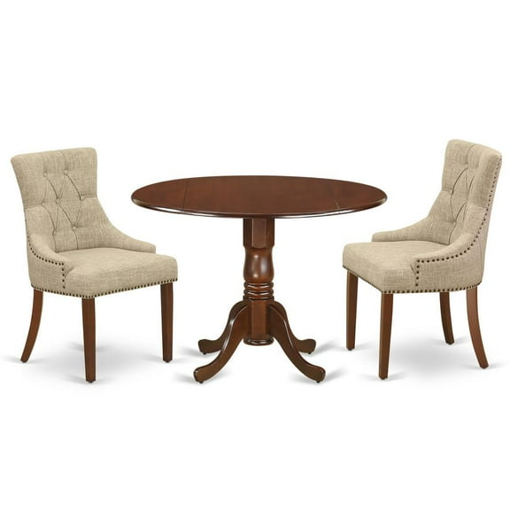 DLFR3-MAH-05 3Pc Dinette Set Includes a Rounded Kitchen Table with Drop Leaves and Two Parson Chairs with Doeskin Fabric, Mahogany Finish