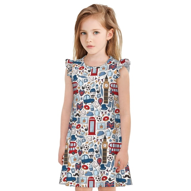 Fotbe London Symbols1 Vestido de Dormir para Niñas de 3 a 10 Años, Mangas Cortas, Estilo Princesa, Pijama Camisón con Mangas Voladas-Small