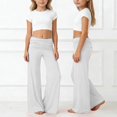 thumbnail image 2 of YOUYEDIAN Yoga Pants Girls Fold Over Low Waist Wide Leg Sweatpants Flare Leggings Bell Bottoms Y2K Foldover Pants (White, 11-12 Years), 2 of 6