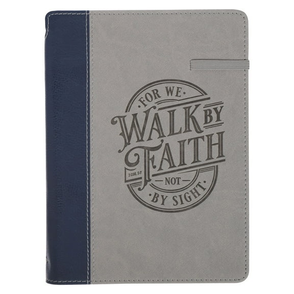 Christian Art Gifts Inspirational Elastic Closure Journal w/Pen Holder, Walk by Faith - 2 Cor. 5:7 Bible Verse, Navy/Gray Two-tone Wide Ruled Notebook, 336 Lined Pages w/Scripture, 8.6” x 6.1”