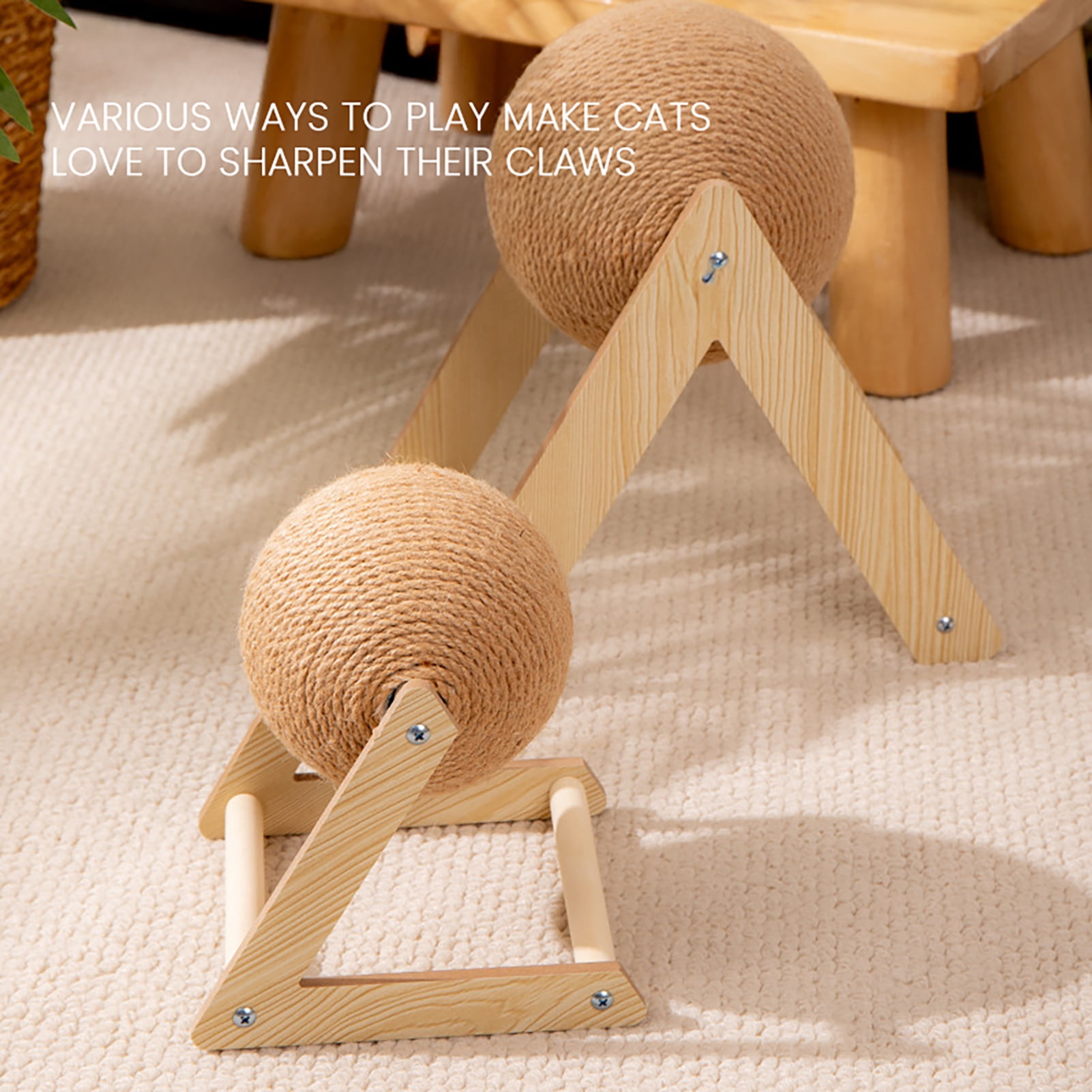 Cat Scratching Ball Interactive Sisal Rope Cat Scratcher Ball with Wooden Stand Spinning Ball Kitten Exercise Toy for Indoor Cats