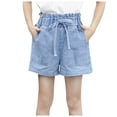 thumbnail image 2 of Cethrio Kids Girls Denim Shorts, Elastic Waist Pocket Solid Color Short Jeans Light Blue Size 3 T, 2 of 6