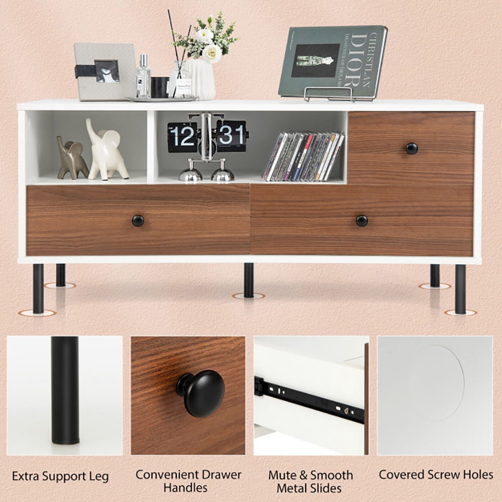 Finihen TV Stand, TV Cabinet, Mid-Century TV Stand for 50-inch TVs with 2 Cubbies and 3 Drawers, for Living Room, White & Walnut