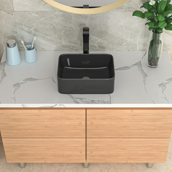 Mocoloo Black Vessel Sink Rectangular - 16" Ceramic Porcelain Vanity Above Counter Art Basin