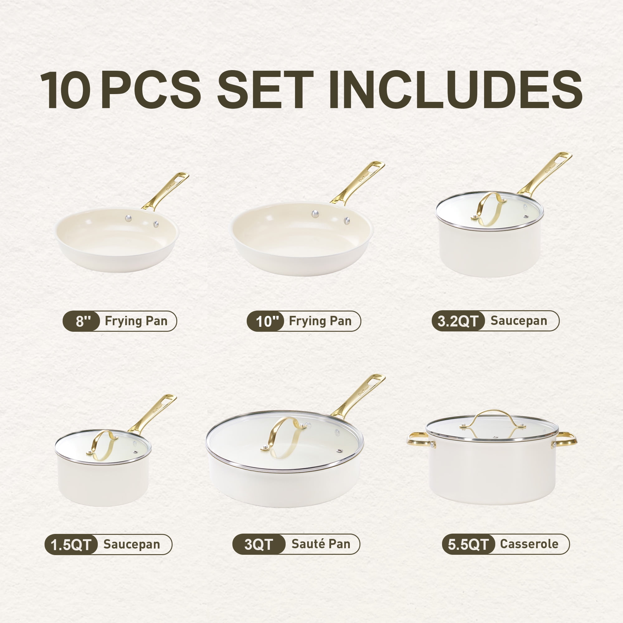 Chef Power 10 Pcs Ceramic Non Stick Cookware Sets, Pots and Pans Set with Stainless Steel Handle, Dishwasher and Oven Safe, Cream White with Light Gold Handle