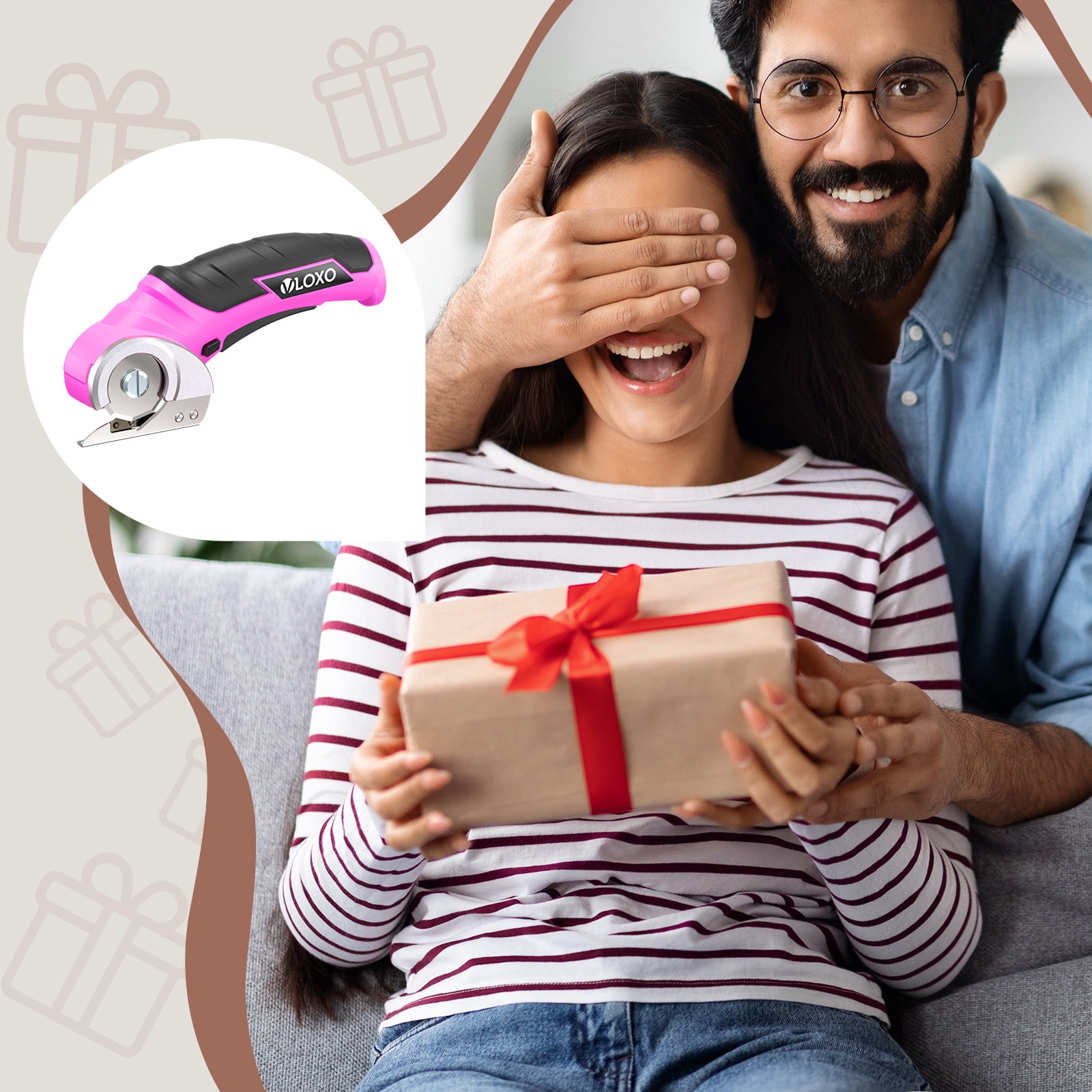 VLOXO Cardboard Cutter, Cordless Electric Scissors for Leather with Safety Lock, Box Cutter Electric Multi-Cutting Tools Rechargeable Powerful for Canvas Leather Plastic with Storage Box Pink
