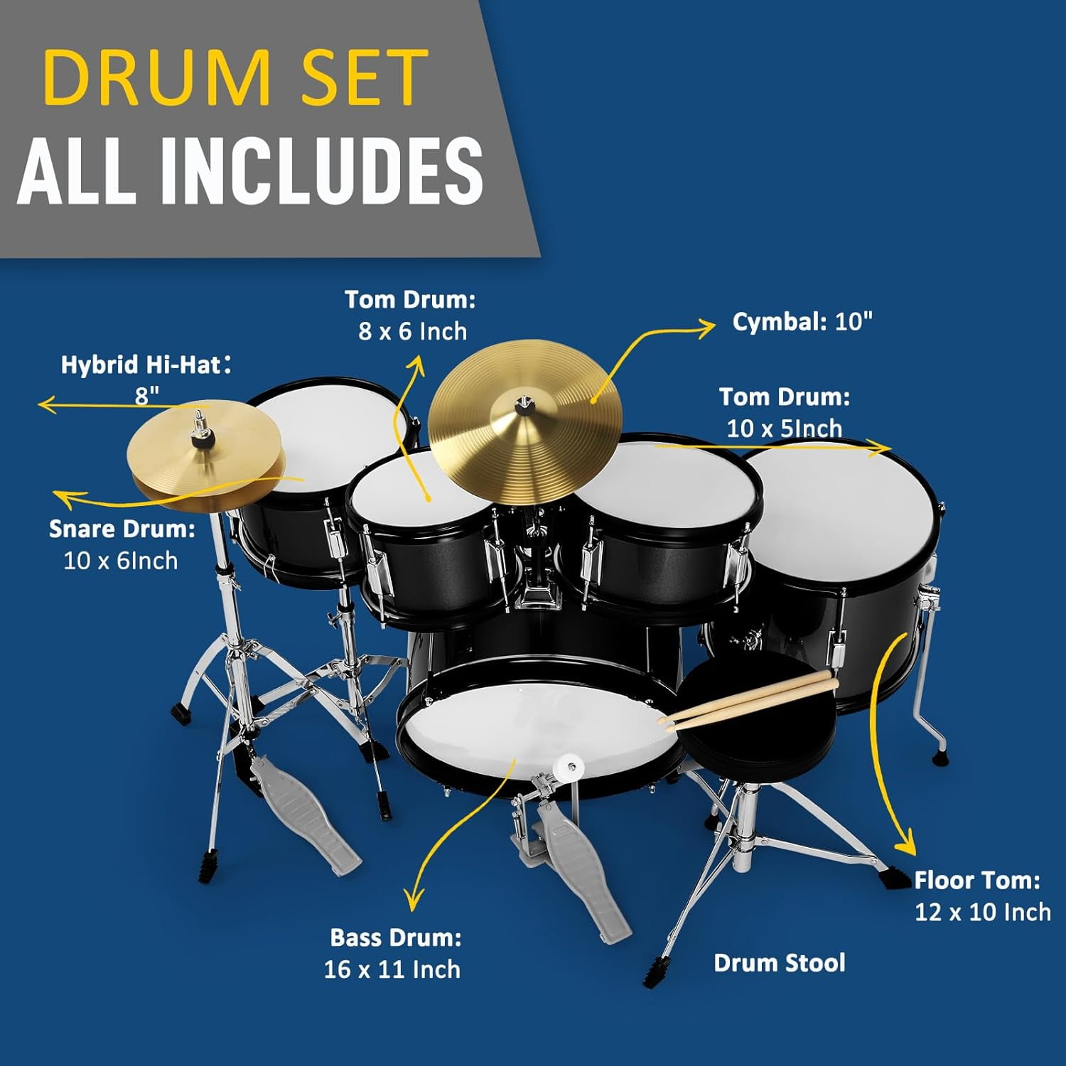 HarmonyStrings 5-Piece Complete Junior Drums Set, 14 Inch Beginners Drum Kit with Throne Stool, Pedal & Drumsticks, Drums Musical Instruments W/Cymbal, Hi-Hat, Floor, Tom and Snare Drum 16"x11" Black