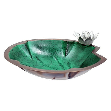 ACHLA Designs Lily Pad Birdbath A crown detail adds a touch of fairytale magic to the ACHLA Designs Lily Pad Birdbath. This lily pad-shaped birdbath features a mottled green interior and copper exterior finish. It has a threaded design and multiple mounting options. Add the optional stake to complete this birdbath. ACHLA Designs This item is created by ACHLA Designs. ACHLA Designs is a garden accessories company that emphasizes unique wood and hand-forged  wrought iron European furnishings for the home and garden. ACHLA Designs continues to add beautiful and unique items year after year  resulting in an unusually large product line. All ACHLA products are stocked in the company s warehouse for year-round  prompt shipping. ACHLA Designs takes great pride in offering exceptional products and customer service.
