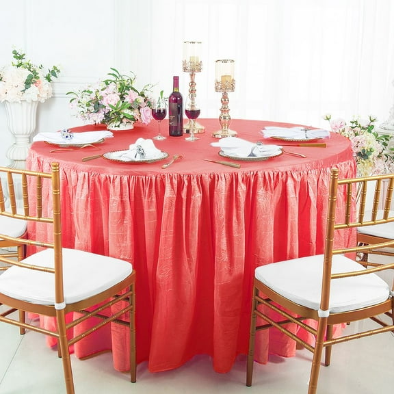 Wedding Linens Inc. 60"W x 30"H Round Ruffled Fitted Crushed Crinkle Taffeta Tablecloth Table Cover Linens With Skirt - Coral