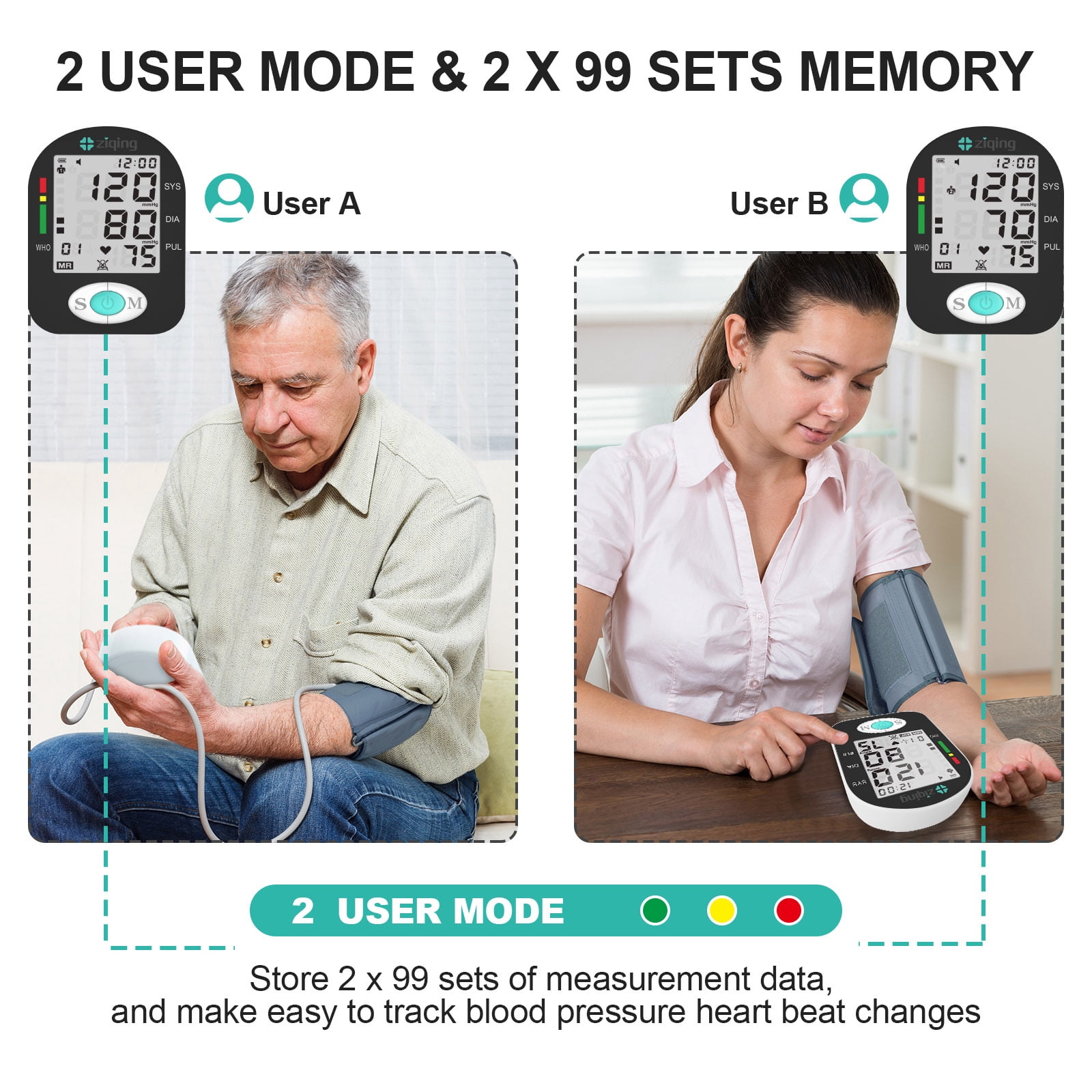 Ziqing Upper Arm Blood Pressure Monitor for Home Use – Large LCD Display, 2 User Memory (2 x 99 Readings), Adjustable Wrist Cuff