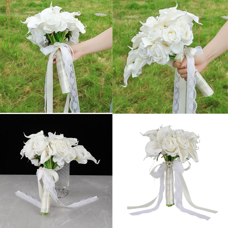 Elegant White Artificial Flower Bouquets For Bridal Party Decorations Gift Silk Calla Lilies Rose Bridal Accessory