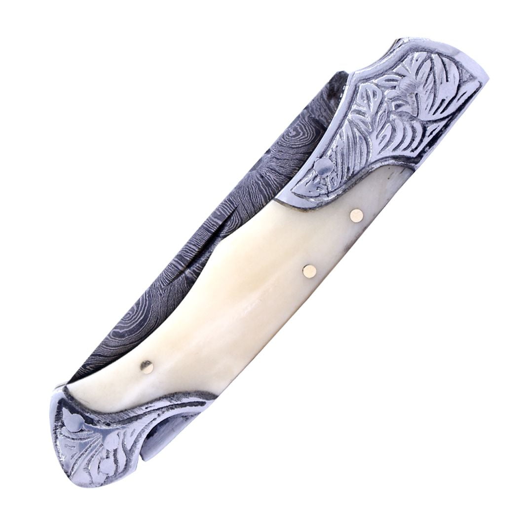 TheBoneEdge 7" Damascus Folding Knife Horn Handle Bolster Handmade with Sheath