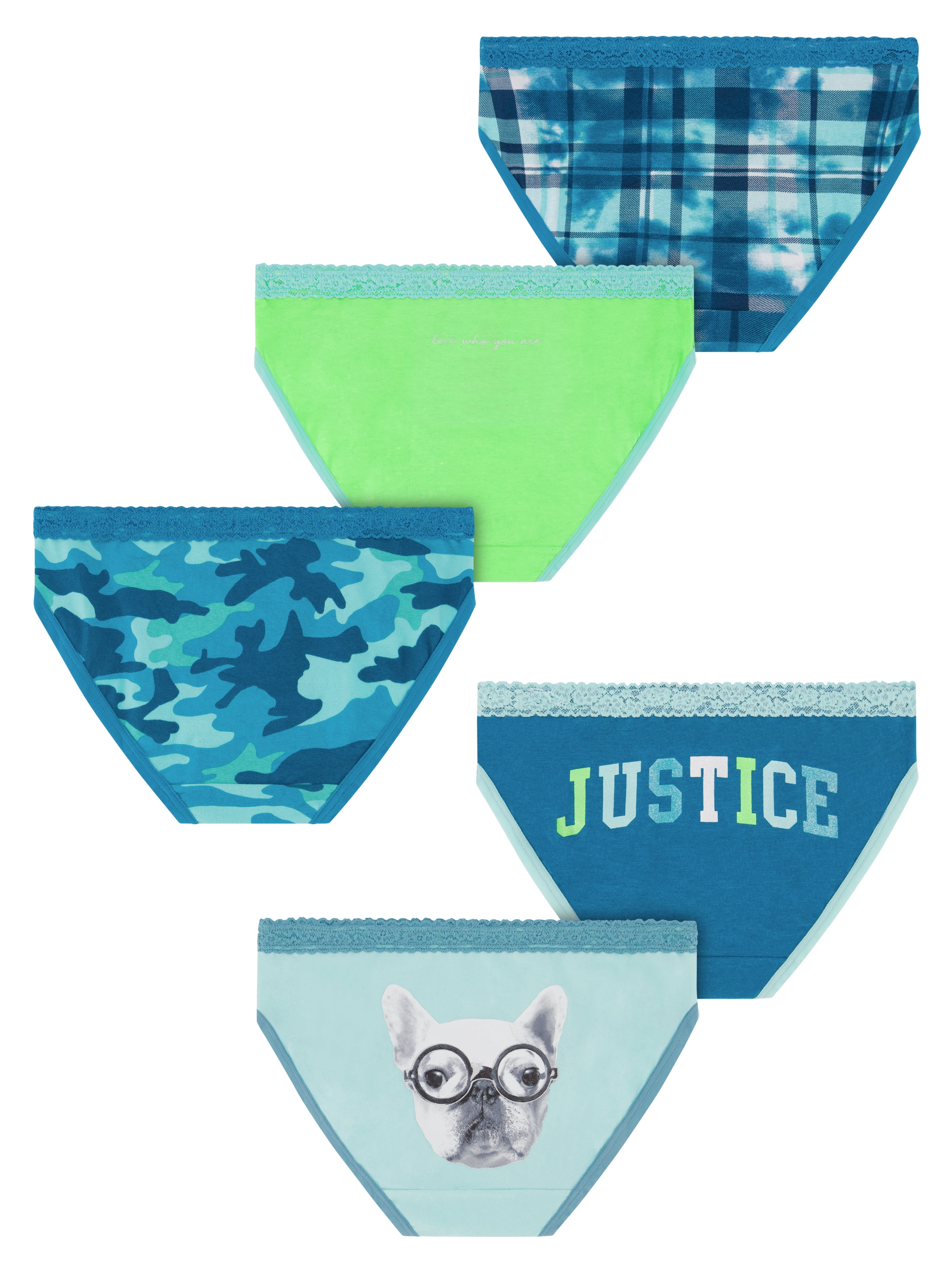 Justice Girls Oh So Soft Cotton Stretch Lace Waist 5Pk Hipsters Sz 6-16