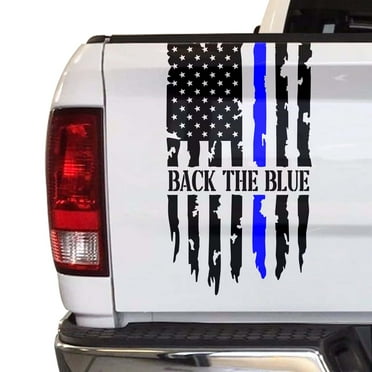 Back The Blue Distressed Thin Blue Line Flag Police Officers Law Enforcement Flag USA Sticker Truck Tailgate Vinyl Decal - Compatible with most Pickup Trucks (11" x 20", Black & Blue)
