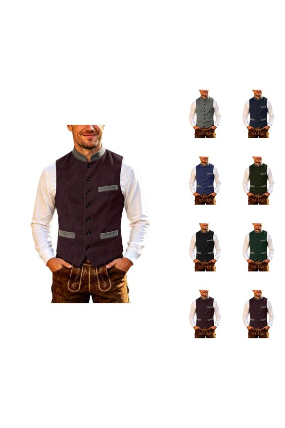 Corduroy Suit Vest for Men Vintage Casual Button Down Stand Collar Sleeveless Dress Vest Waistcoat