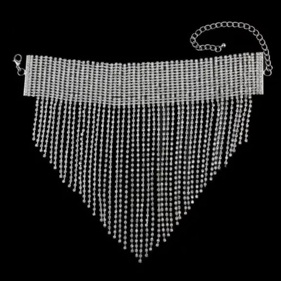 HOOUN Women Long Tassel Pendant Rhinestone Statement Choker Collar Chunky Necklace-Silver