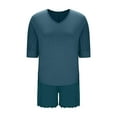 thumbnail image 5 of Caywon Ladies' Casual Loose V-Neck Three Quarter Sleeve Sleeved Lace Shorts Pajama Set Casual Solid Color Oversized Shirts Biker Shorts(Army Green,L), 5 of 6
