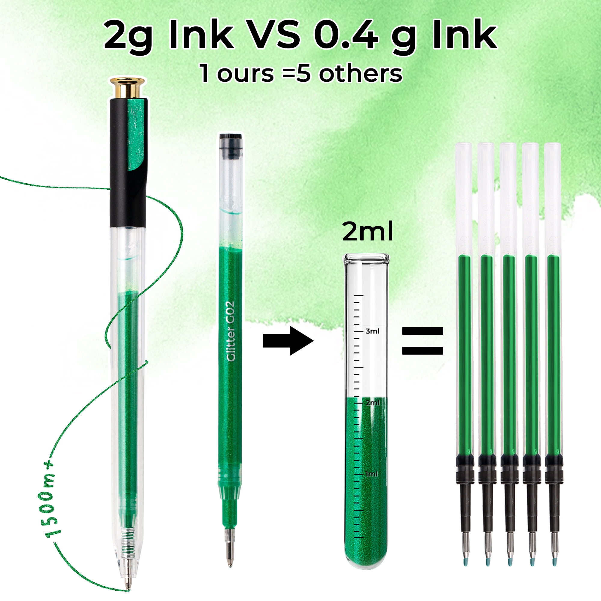 Retractable Glitter Gel Pens, 12 Colors Large Capacity Green Glitter Metallic Gel Ink Pen for Adult Coloring Book Note Taking Aesthetic Art Supplies