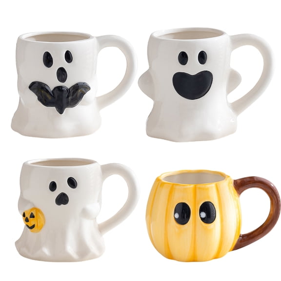 Qocolcyl Cute Ghost Pumpkin 3D Relief Ceramic Halloween Mug, Novelty Shaped Coffee Water Cup, Halloween Decorations, Indoor Outdoor Kitchen Table Decor, Holiday Party Gift Drinking Mug,Yellow