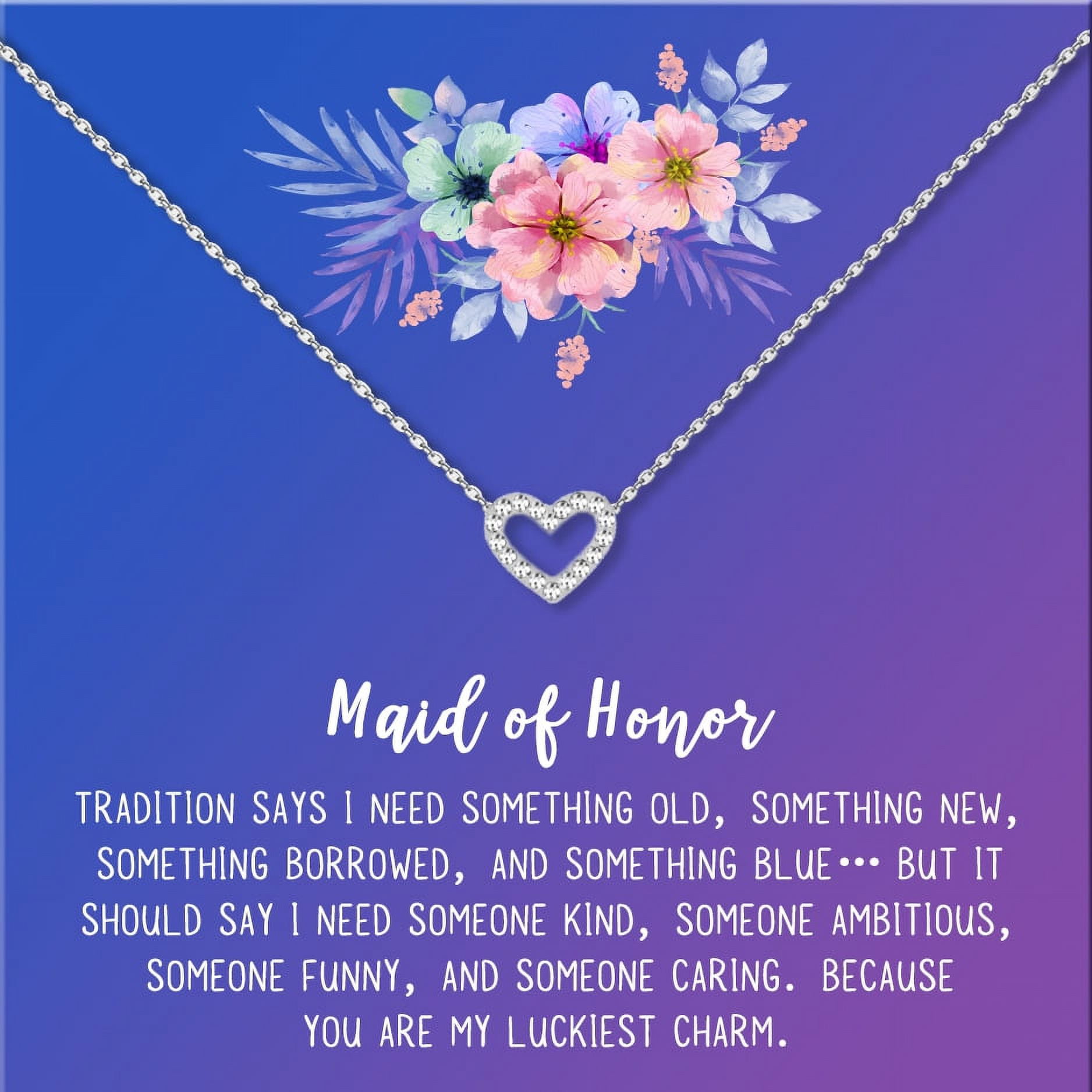 Anavia Maid of Honor Necklace Gift, Maid of Honor Sister Gift, Maid Of Honor Card for Girls, Wedding Gifts Jewelry Necklace-[Silver Mini Crystal Heart, Blue-Purple Gift Card]