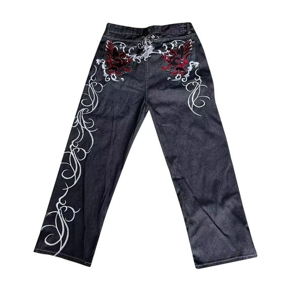 Luwomo Leisure Jeans Mens Male Dark Gothic Style High Waist Long Street Floral Printed Wide Leg Loose Fit Trousers Relaxed Fit Denim Pants Black,L