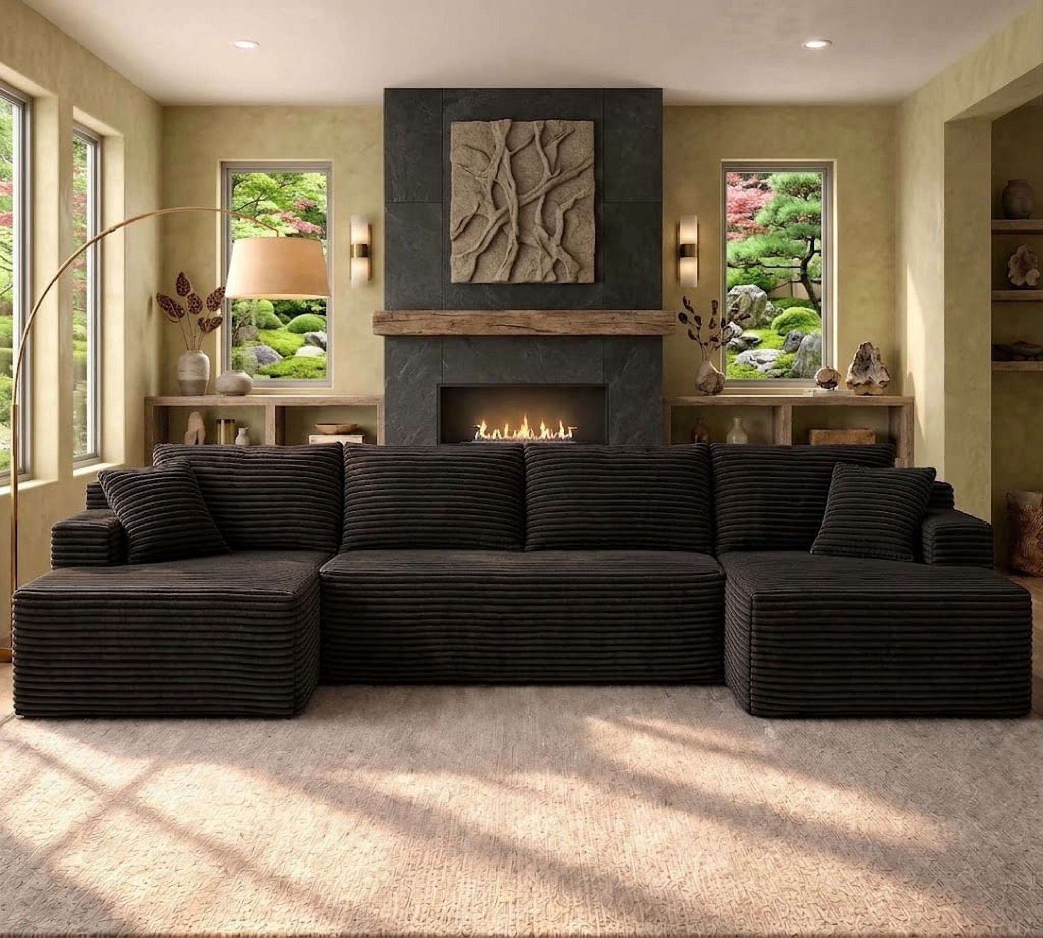 Howcool 134" Modular Cloud Couch, U-Shaped Sectional Sofa with Double Chaise, Oversized Deep Seat Boneless Corduroy Sofa with Cup Holders & Side Pockets, No Assembly Required, Black