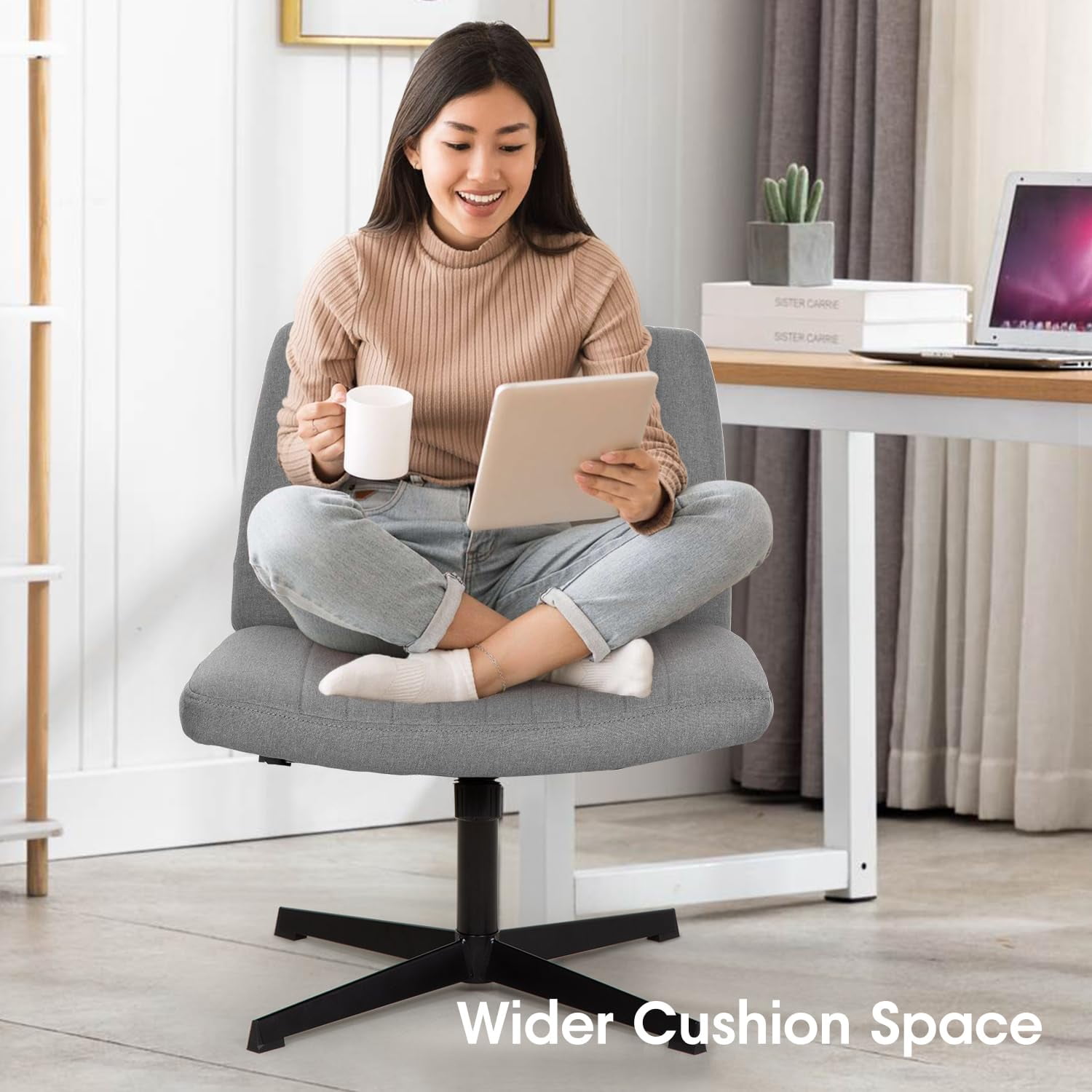 PayLessHere Criss Cross-Leg Office Chair - Armless Adjustable Fabric Seat,with No Wheels, Blue