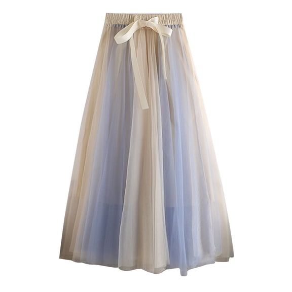 Idoravan Skirts for Women 2025 Summer Elastic Waist A-Line Flared Princess Skirt Woman Temperament Toning High Waist Slim-Line Net Yarn Puffy Skirt