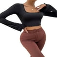 thumbnail image 3 of Women Solid Color Ribbed Square Neck Lettuce Hem Show Navel T-Shirts Spring Autumn Flare Long Sleeve Slim Crop Tops Black M, 3 of 6
