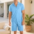 thumbnail image 4 of ShomPort Men's Casual Sleepwear Knitted Ribbed Turn Down Button Shirt Drawstring Breathable Shorts Solid Color Comfy Nightwear Set, 4 of 8
