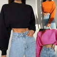 thumbnail image 3 of OOKWE Women Autumn Long Sleeve O-Neck Sweatshirt Bright Solid Color Oversized Loose Crop Top Harajuku Casual Ribbed Trim Basic Pullover Streetwear, 3 of 19