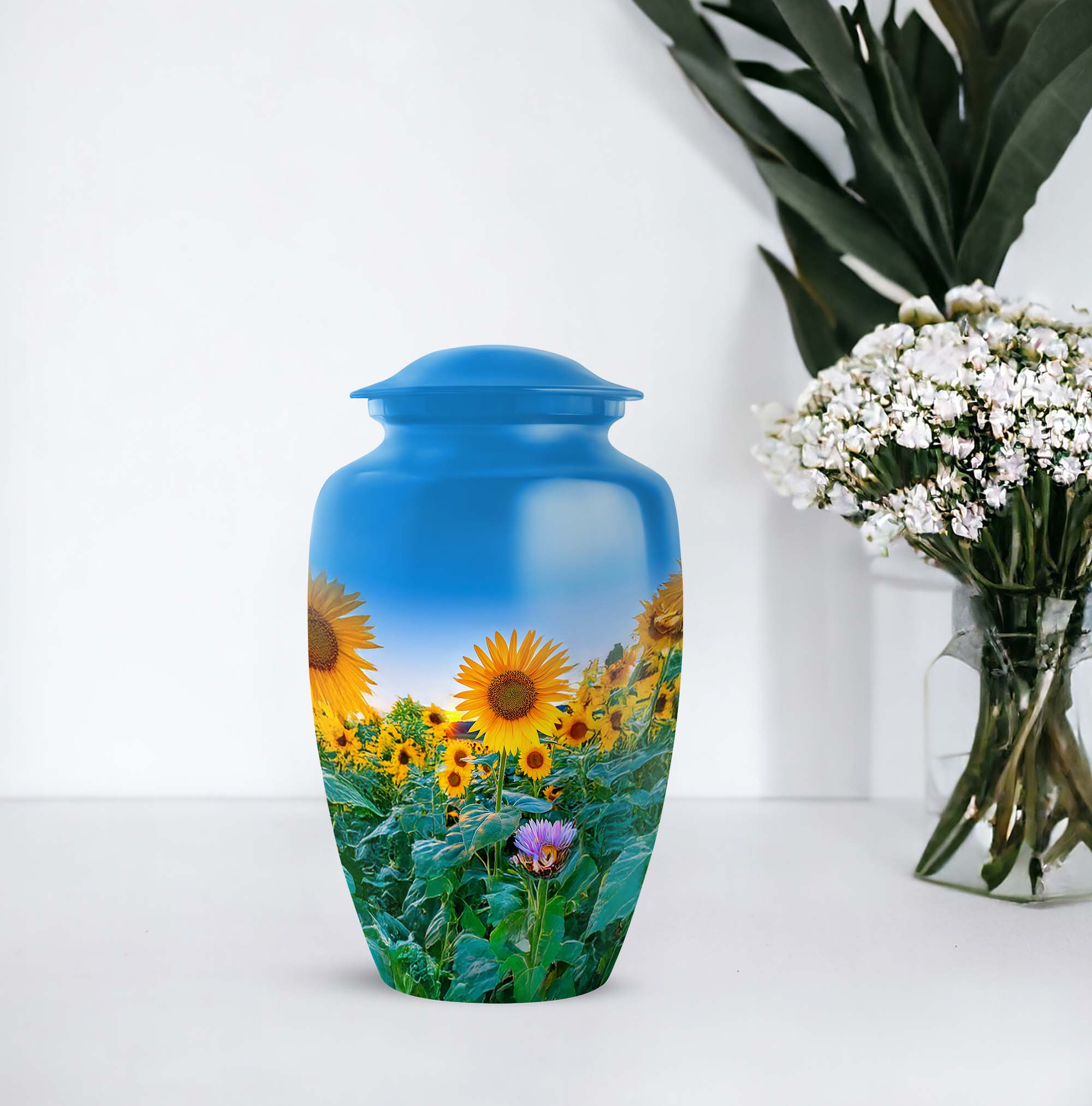 Sunflower Cremation Urns For Ashes For Women, Blue Decorative Urn For Ash Adult Male - 10 Inch, Large Urns For Human Ashes Adult Man, Sunset Burial Urn For Home Or Ceremony