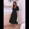 thumbnail image 4 of Vestido Midi Fluido de Corte A con Escote en V Profundo, Corta Abullonada, Cintura Alta Elástica y para Mujer Negro M, 4 of 9
