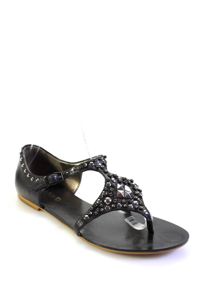 Pre-owned|Joan u0026 David Womens Leather Studded Buckle Up Flats Sandals Black  Size 8 M - Walmart.com