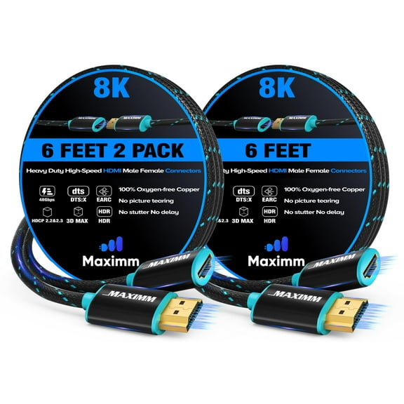 Maximm HDMI Extension Cable Male to Female (6 Feet, 2 Pack), 8K & 10K Ultra HD, High-Speed, HDCP, ARC, 3D, 1080p to 2160p Video, 50Gbps Bandwidth