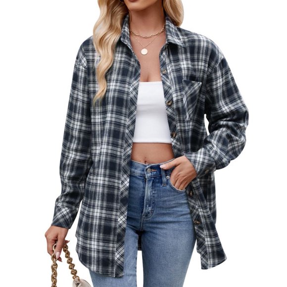 2024 Plaid Flannel Shirts for Women Buffalo Plaid Shirts Oversized Long Sleeve Casual Button Down Blouse Top