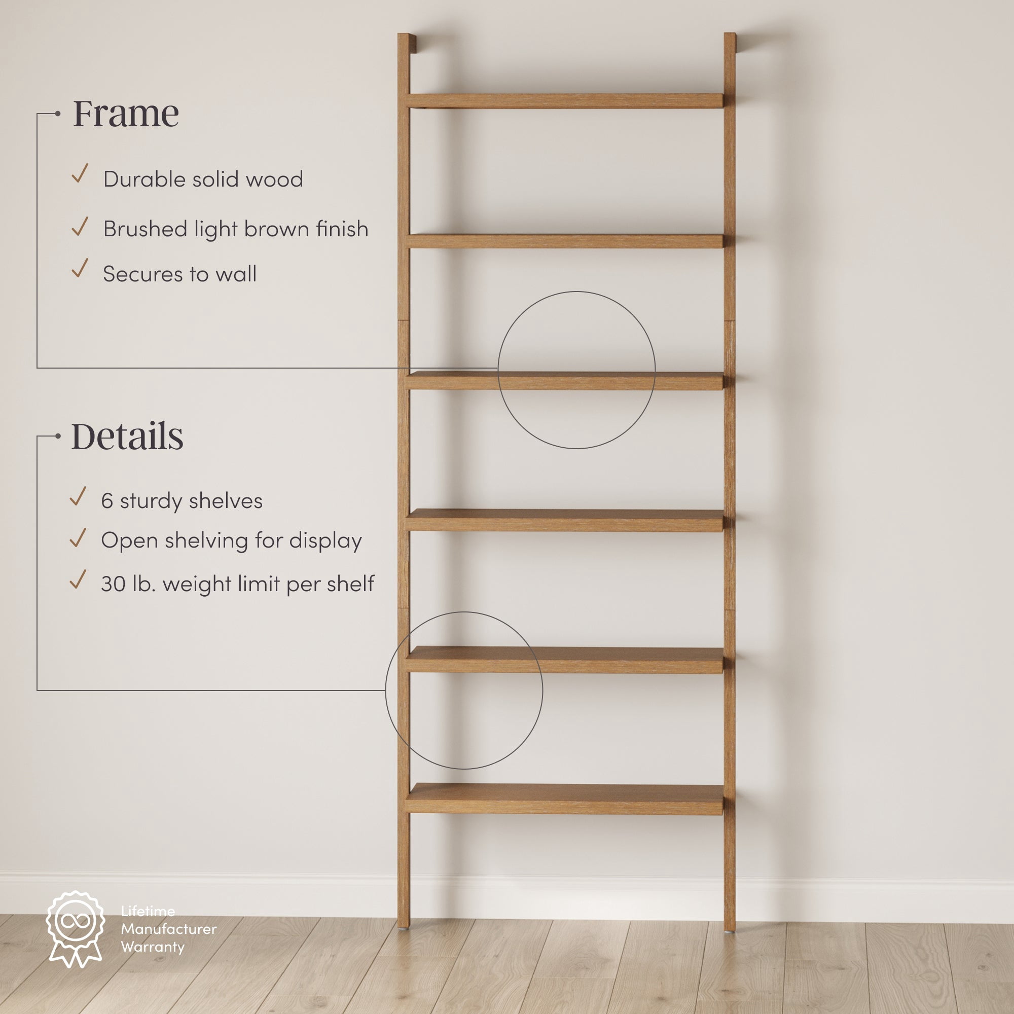 Nathan James Beacon Scandinavian 6-Shelf Wooden Wall Mounted Bookcase, Rustic Solid Wood Bookshelf, Light Brown
