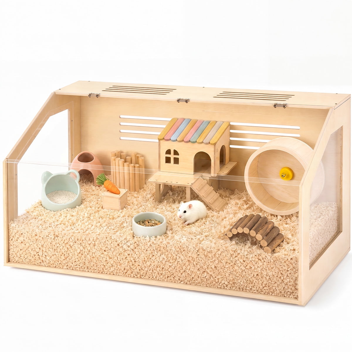 DOMIPET Chew-proof Wooden Hamster Cage Small Animals House for Guinea Pigs Chinchillas W/ Acrylic Boards (32 x 16 x 16 in)
