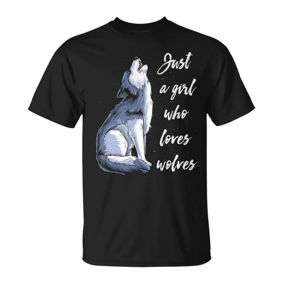 Just a Girl Who Loves Wolves Graphic Tee Unisex Adult Cotton Wildlife Lover T-Shirt for Women or Casual Wear, Size 3XL, Color Black