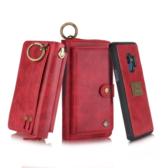 Galaxy S9 Wallet Case, Allytech Girls Women Magnets Detachable Zipper Wallet Case Cover PU Leather Folio Flip Holster Carrying Case Card Holder for Samsung Galaxy S9, Red