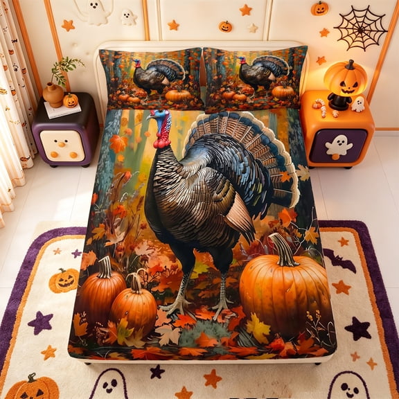 Manfei Funny Cartoon Turkey Fitted Sheet Full,Thanksgiving Themed Bed Set,3-Piece,1 Fitted Sheet and 2 Pillowcases