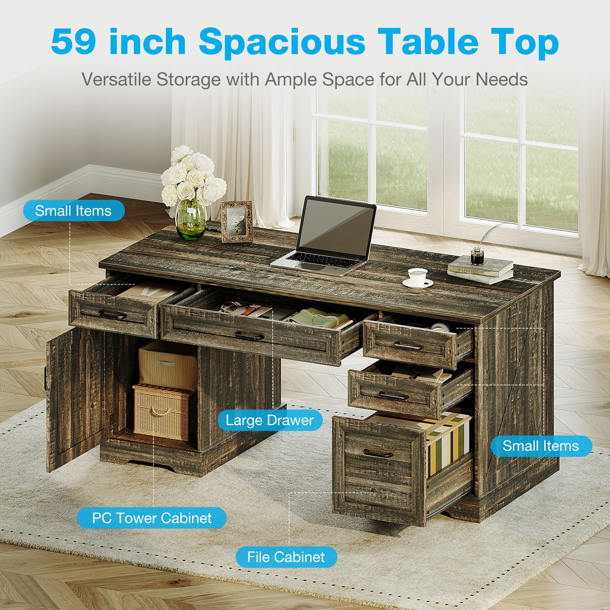 Casacomoda Home Office Desk with File Cabinet and Drawers, 59" Executive Desk with USB Power Outlet, Storage Cabinet for CPU, Workstation Table for Study, Dark Oak