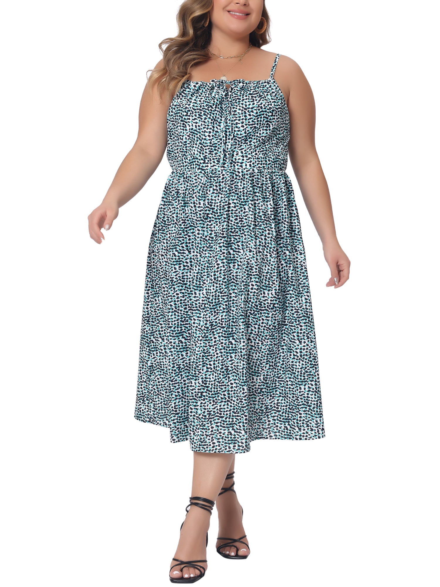 DARING DIVA Women's Plus Size Tie Front Spaghetti Strap Midi Floral Dress 4X Green