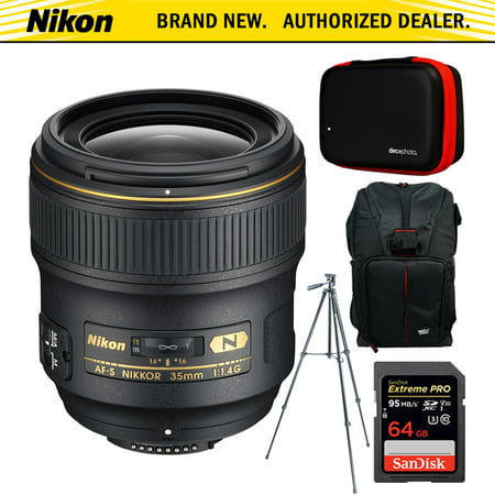 Nikon AF FX Full Frame NIKKOR 35mm f/1.4G Fixed Focal Length Lens + 64GB Accessories Bundle Includes Backpack for Cameras + All-in-1 Cleaning Kit for DSLR Cameras + 60